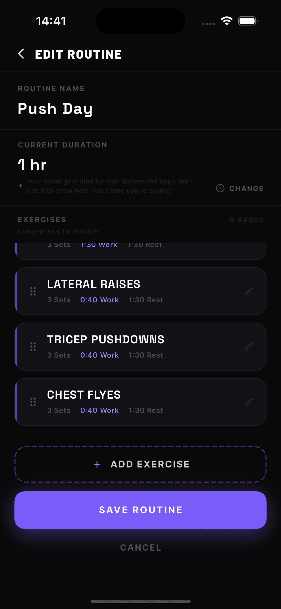 Edit routine screen with exercise details
