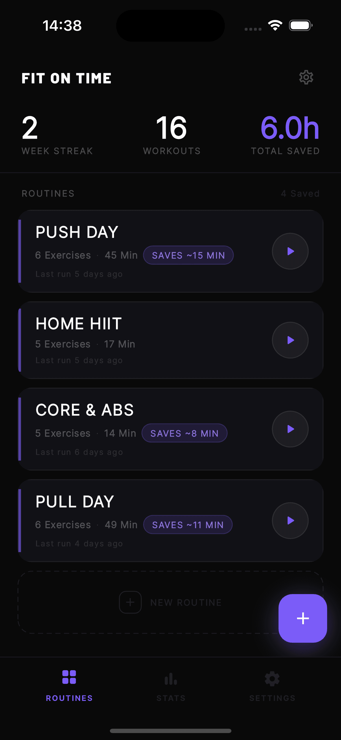 Fit On Time home screen showing your routines