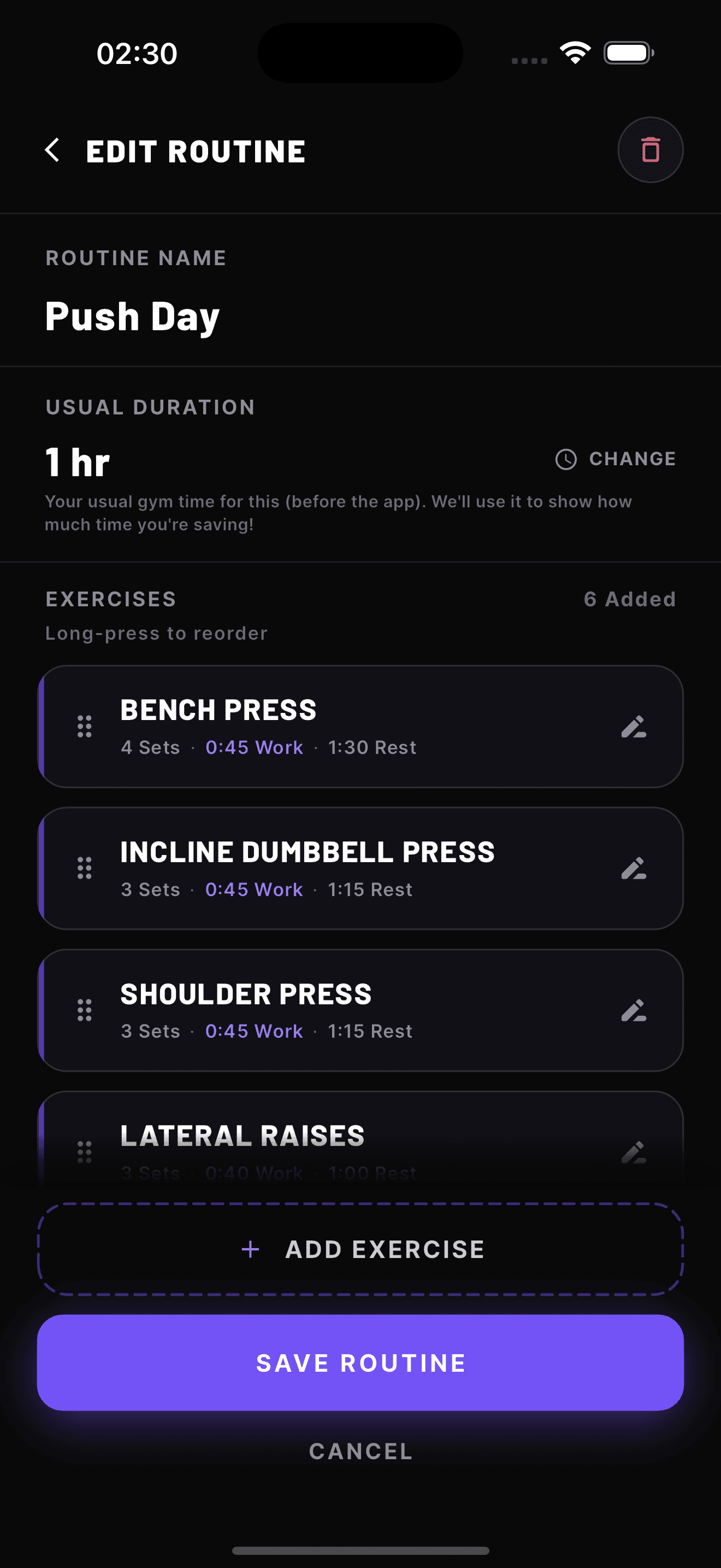 Fit On Time edit routine screen with exercises, sets, work time, and rest time