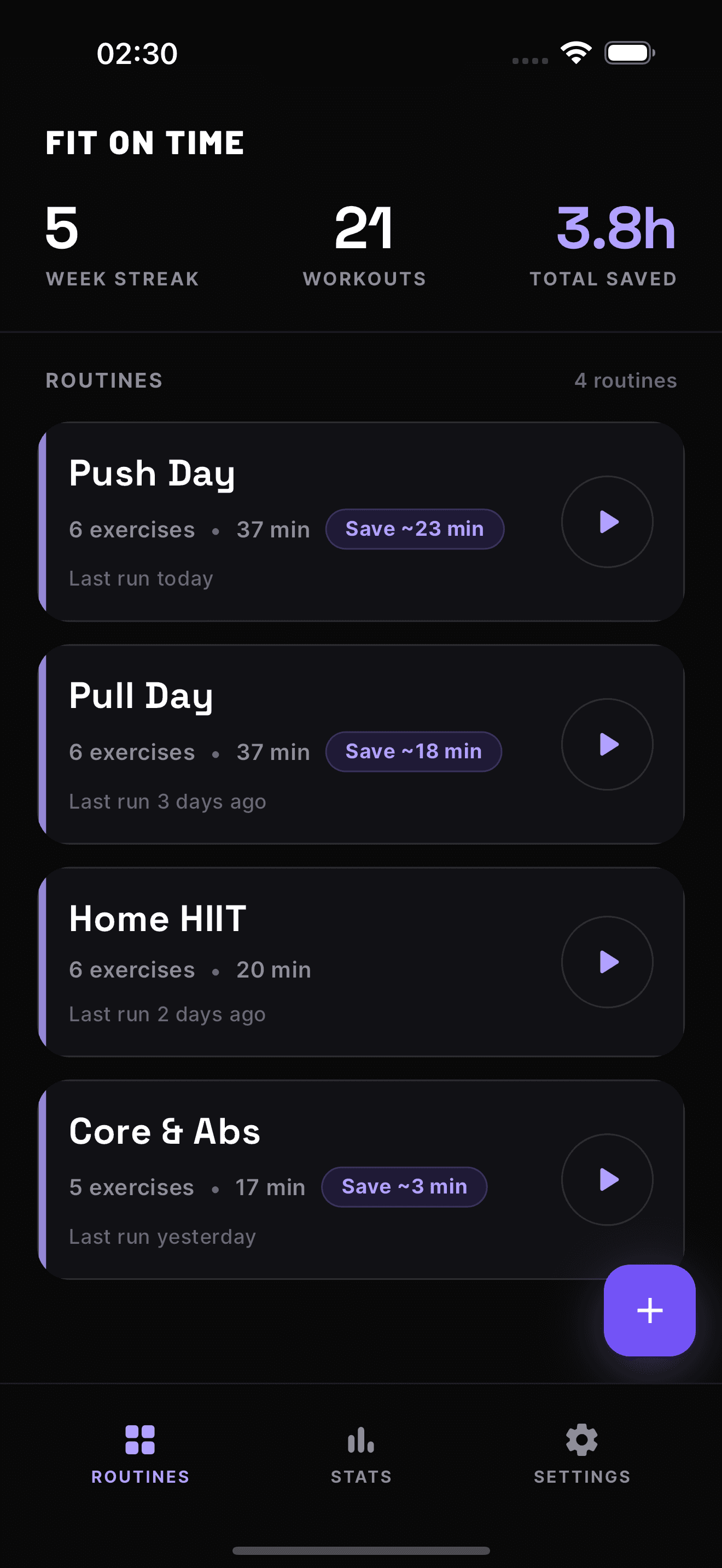 Fit On Time home screen showing a routine library, workout streak, completed workouts, and total time saved