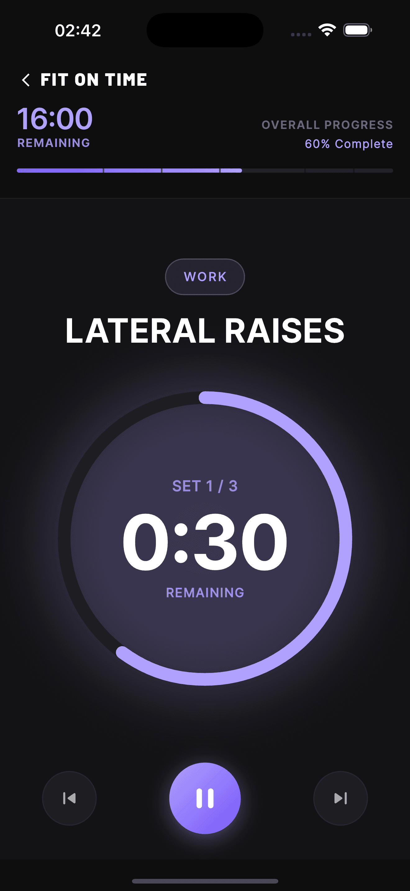 Fit On Time work-phase timer showing current exercise, set, and time remaining